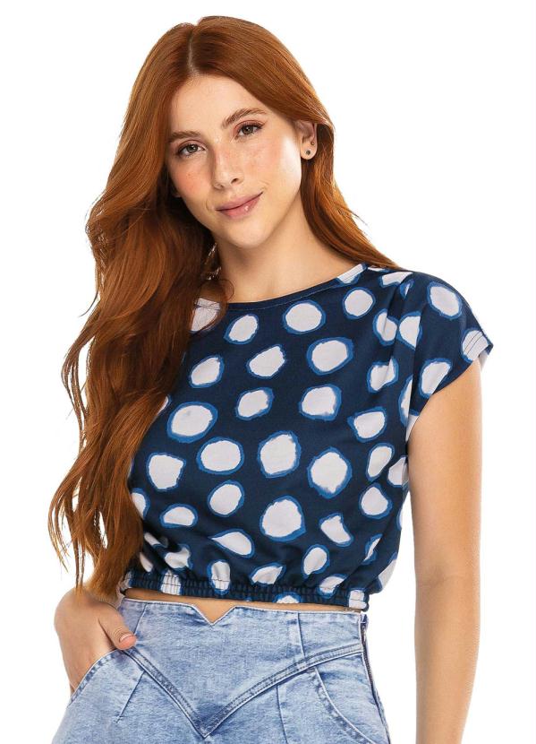 Enfim - Blusa Azul Cropped Poá em Moletom