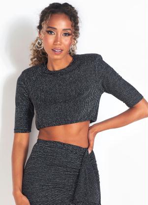 Colcci - Blusa Cropped de Malha Metalizada Preto - COLCCI