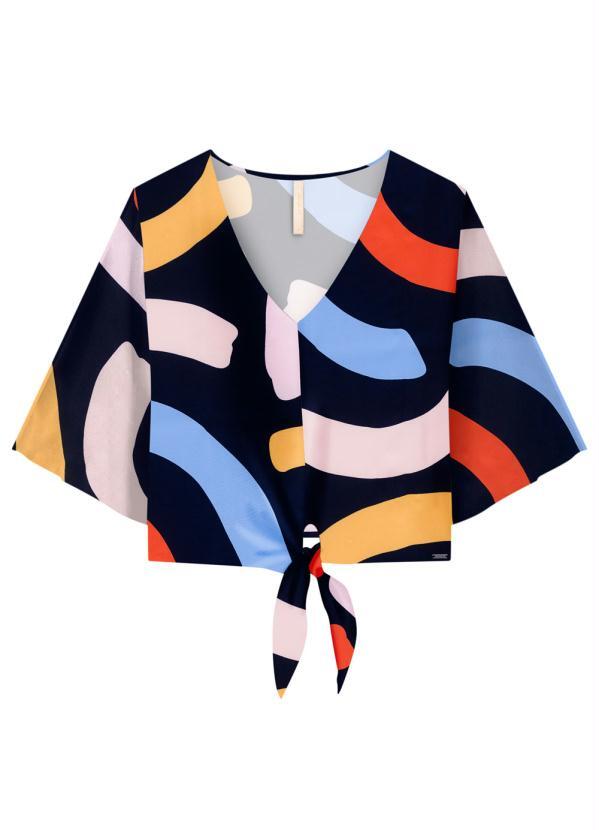 Lunender - Blusa Cropped Viscose Estampa com Laço Azul