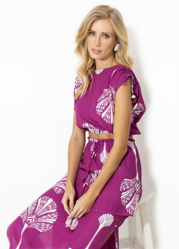 Maria Filó - Blusa de Viscose Estampa Palmeiras Fuschia