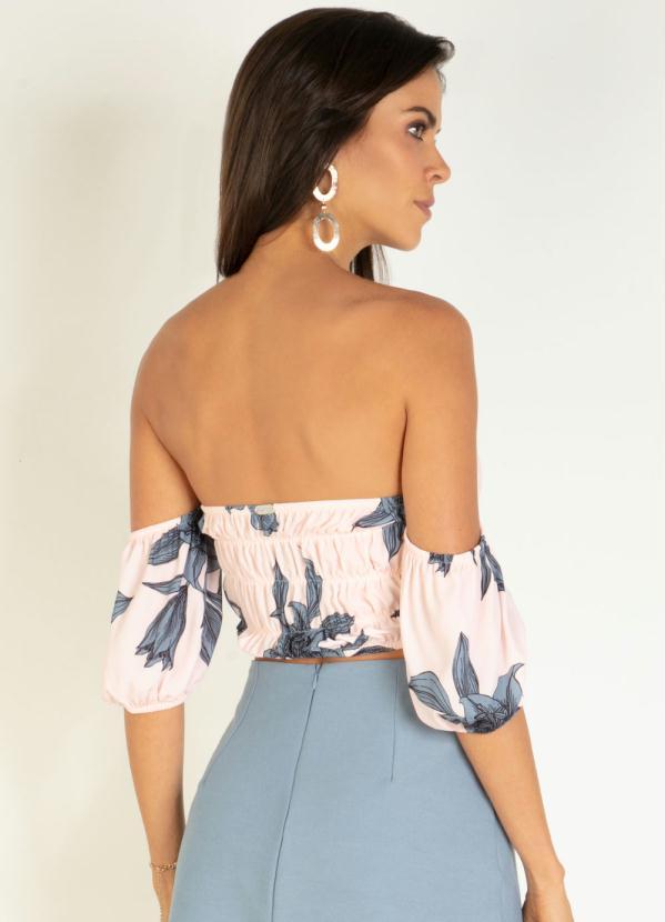 Quintess - Blusa Floral Azul Cropped Mangas Bufantes 2