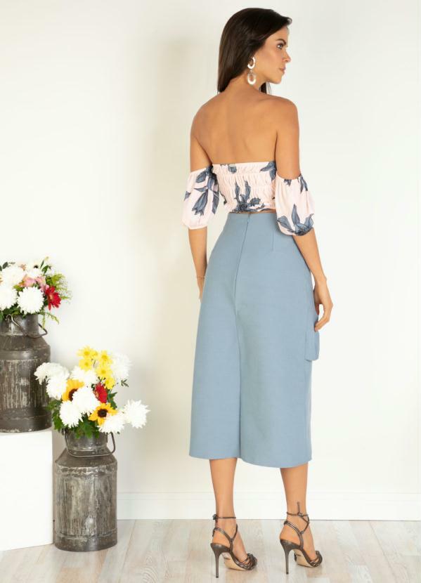 Quintess - Blusa Floral Azul Cropped Mangas Bufantes 4