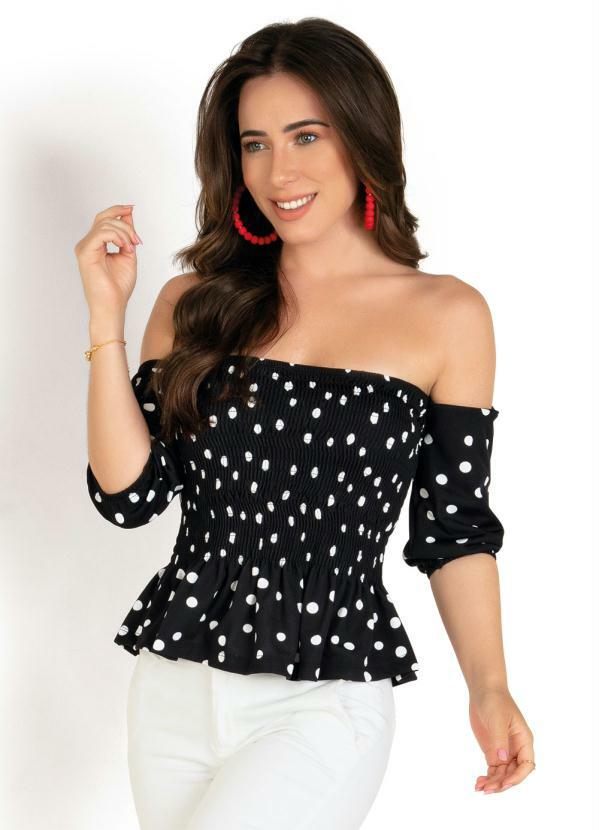 Outlet - Blusa Poá Ombro a Ombro com Franzidos