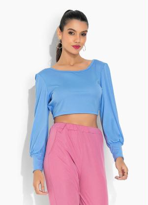 Moda Pop - Cropped Azul com Amarração e Mangas Bufantes - MODA POP