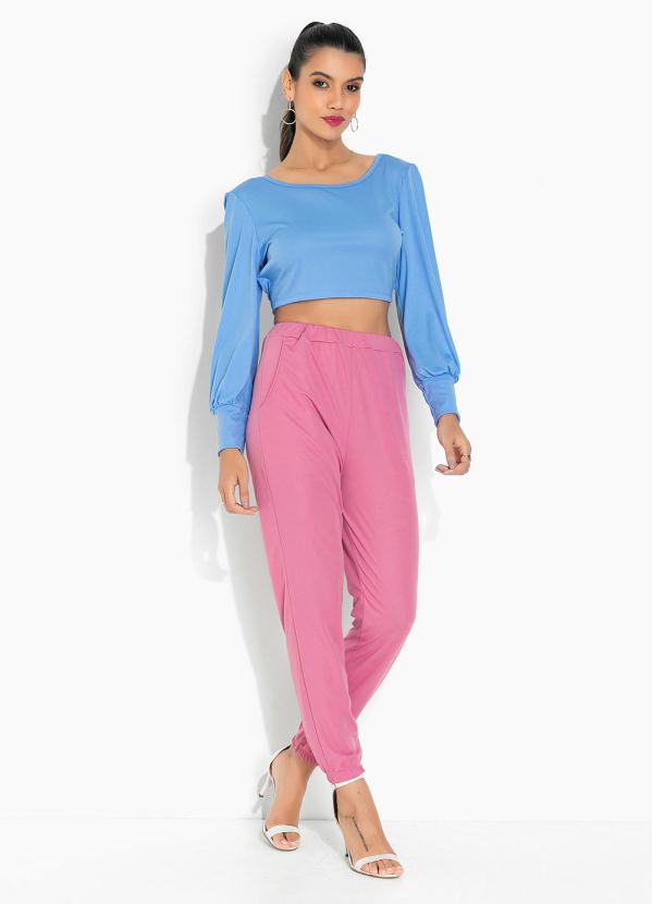 Moda Pop - Cropped Azul com Amarração e Mangas Bufantes 4