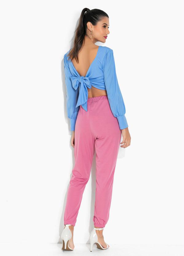 Moda Pop - Cropped Azul com Amarração e Mangas Bufantes 5