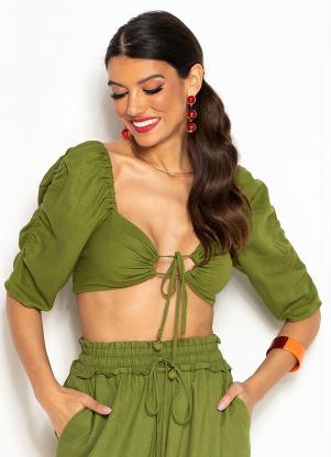 Farm - Cropped de Linho com Amarração Verde - FARM