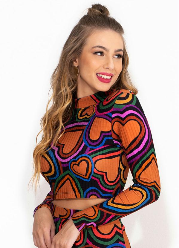 Farm - Cropped de Malha Canelada Golinha Amoreco Estampado