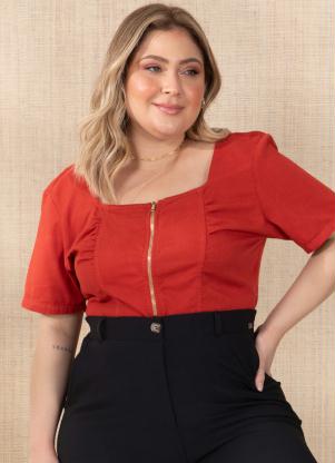 Quintess - Cropped Ferrugem com Abertura em Zíper Frontal - QUINTESS