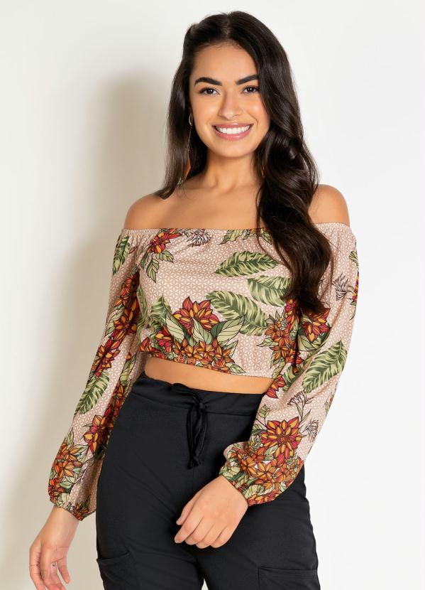 Cropped Floral Bege com Mangas Longas Queima de Estoque