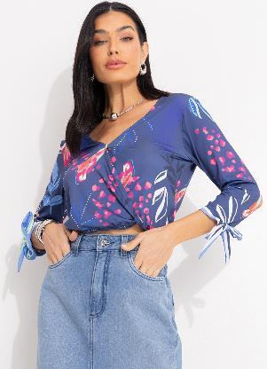 Quintess - Cropped Floral Marinho com Amarração nas Mangas - QUINTESS