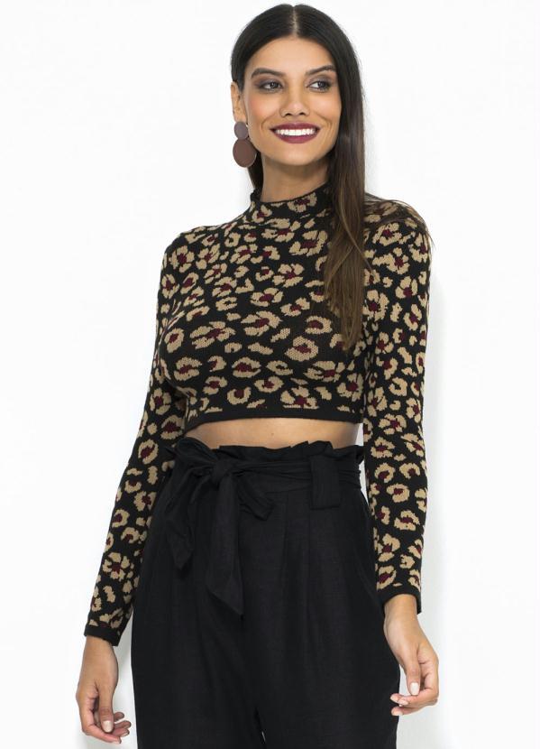 Farm - Cropped Tricot Onça Flor Preto