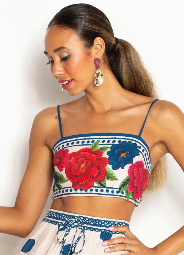 Farm - Top Cropped de Viscose Double Dinamarca Floral Estampado