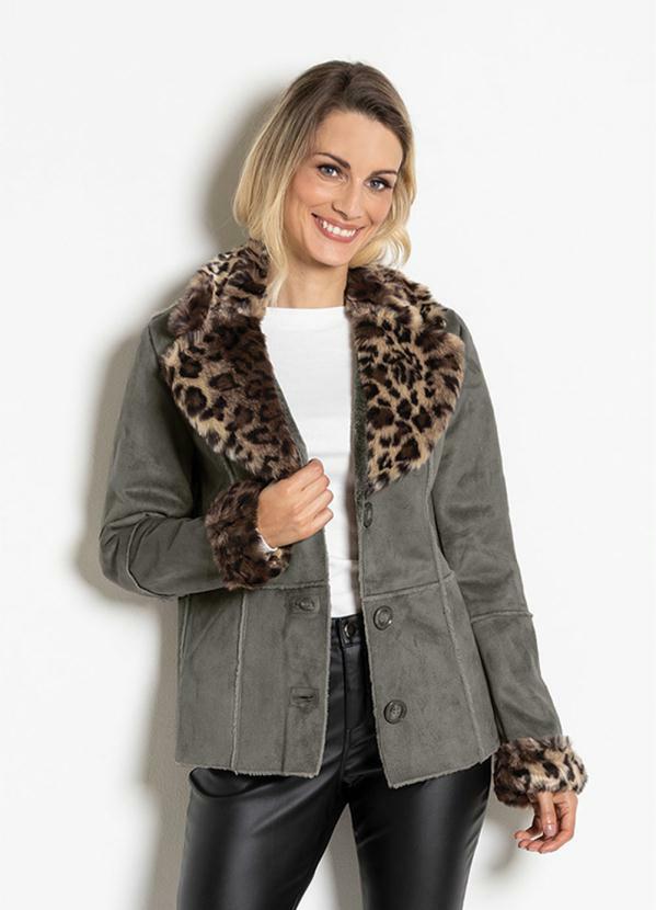 bonprix - Casaco em Material Sintético Animal Print Cinza