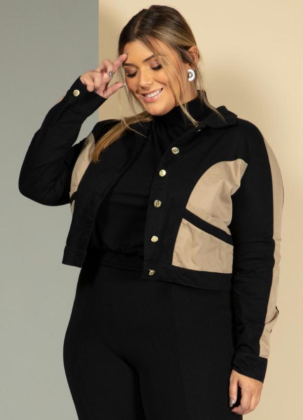 Quintess - Jaqueta com Recortes Preta e Bege com Bolsos 4