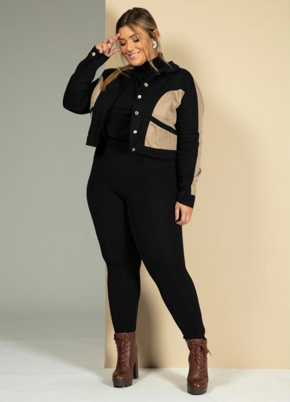 Quintess - Jaqueta com Recortes Preta e Bege com Bolsos 7