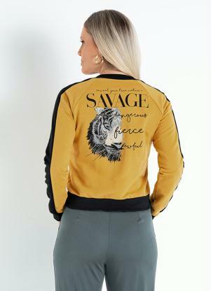 Moda Pop - Jaqueta Mostarda e Preta com Estampa nas Costas - MODA POP