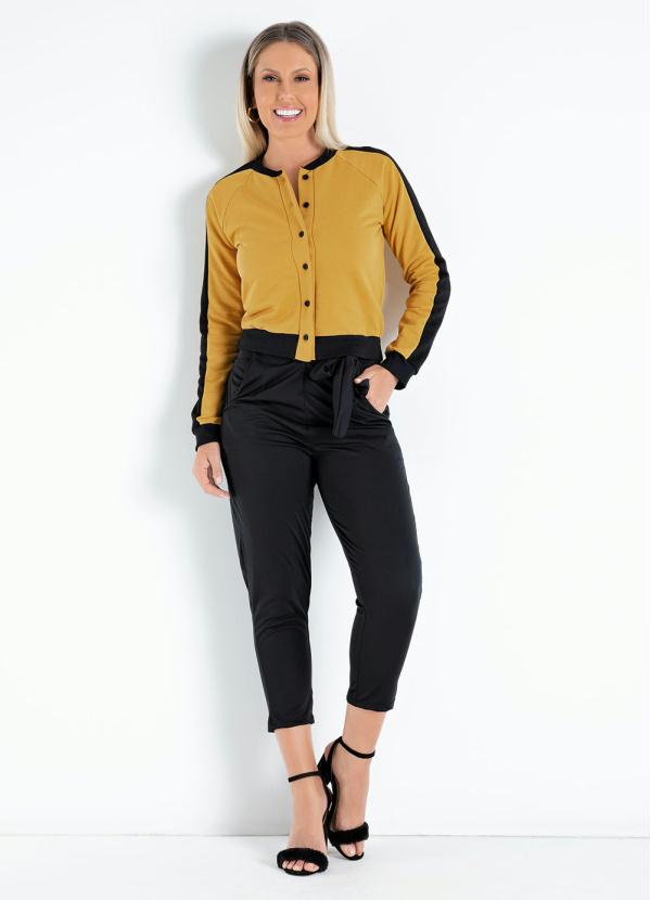 Moda Pop - Jaqueta Mostarda e Preta com Estampa nas Costas 3