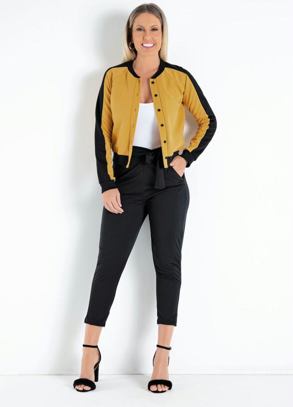 Moda Pop - Jaqueta Mostarda e Preta com Estampa nas Costas 4