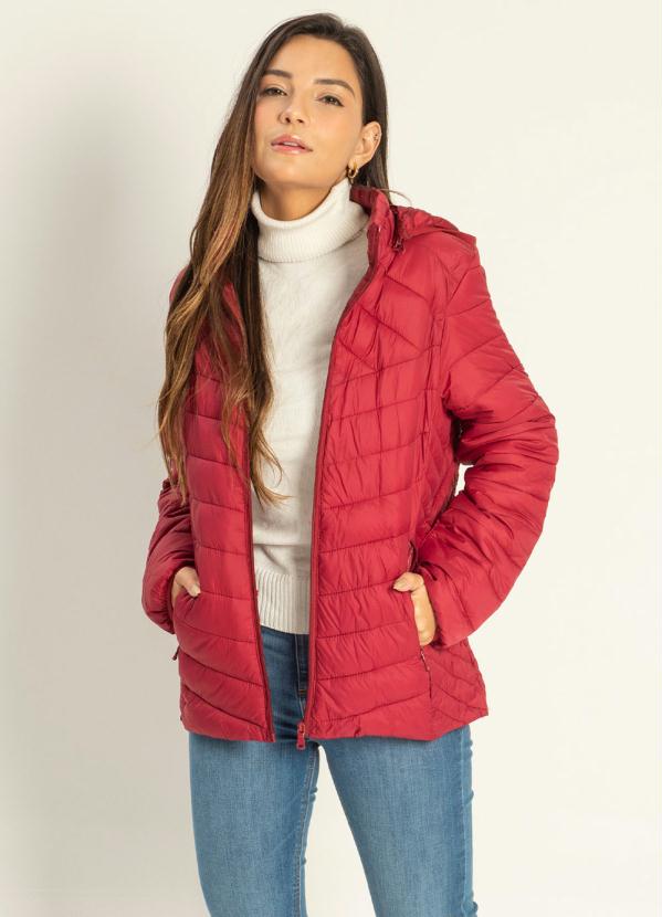 red fitted puffer coat