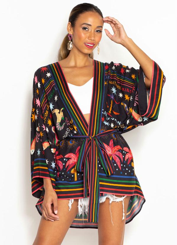 Farm - Kimono Amplo Estampa Zodíaco Preto