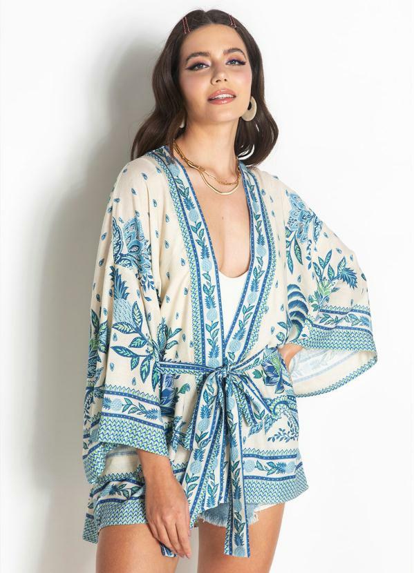 Farm - Kimono de Viscose Festa de Arara Bege