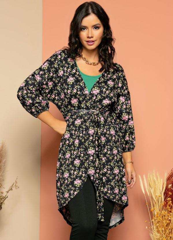 Quintess - Kimono Floral Alongado com Faixa Fixa
