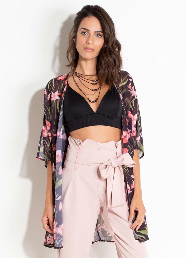 Quintess - Kimono Quintess Floral Dark em Chiffon
