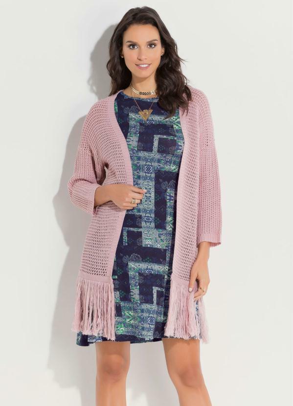 Outlet - Kimono Rosa em Tricot com Franja na Barra