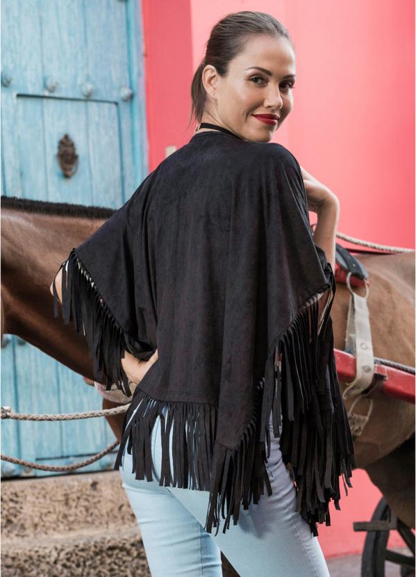 Outlet - Poncho com Franjas Preto 2