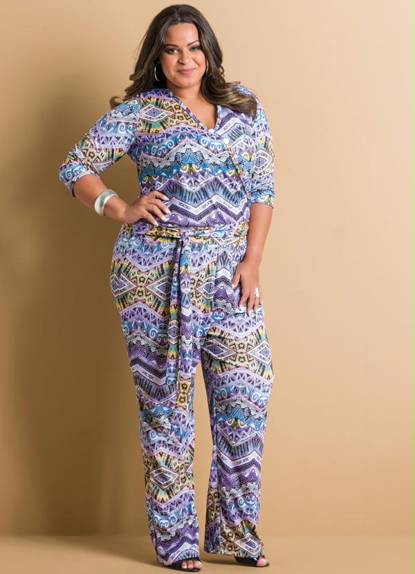 Marguerite - Macacão Étnico de Manga 3/4 Plus Size