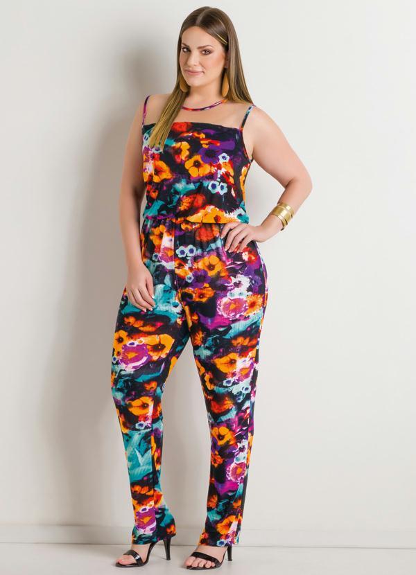 Quintess - Macacão Floral e Detalhe Transparente Plus Size