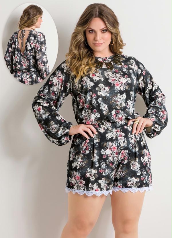Quintess - Macaquinho Floral com Detalhe de Renda Plus Size