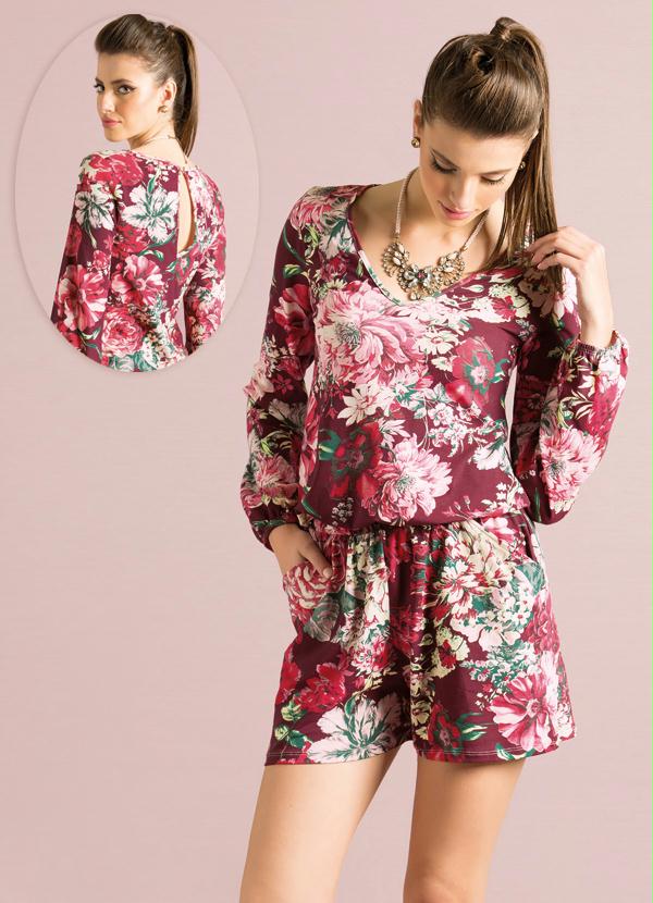 Quintess - Macaquinho Floral Manga Longa Floral Bordô