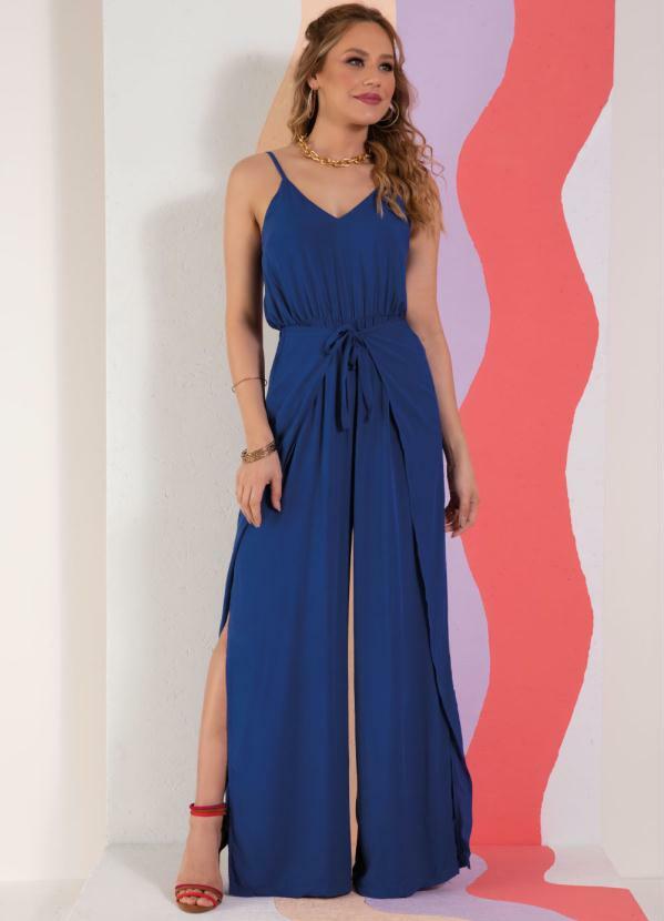 Quintess - Macacão Azul com Sobreposição e Fendas