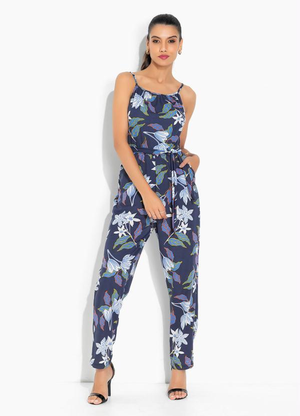 Moda Pop - Macacão Floral Azul com Alças e Amarração