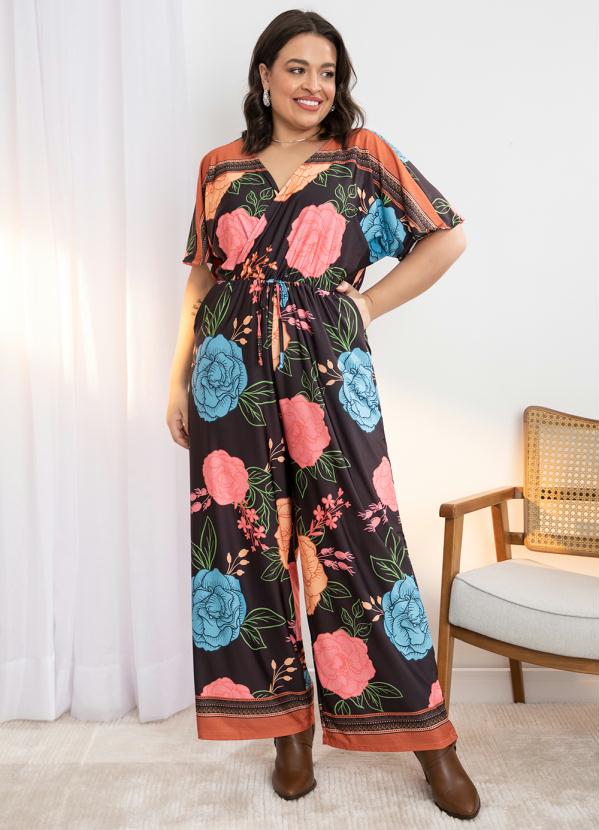 Quintess - Macacão Floral Barrado Preto em Malha Fria 4