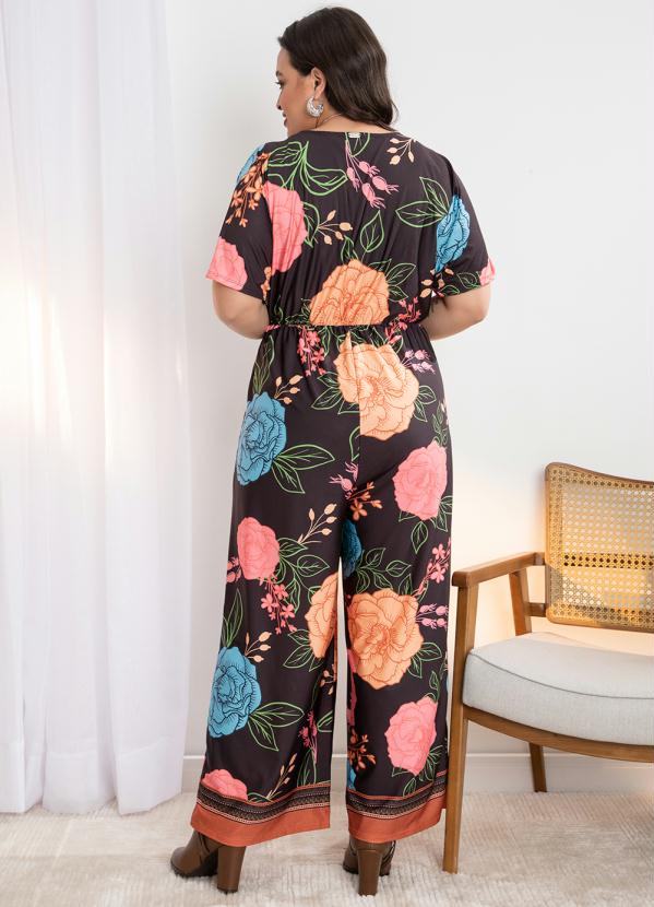 Quintess - Macacão Floral Barrado Preto em Malha Fria 5