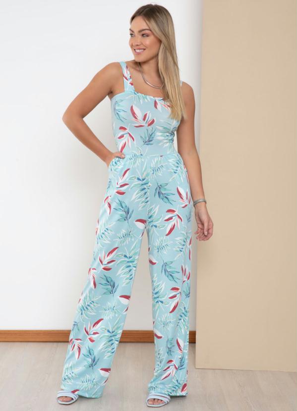 Quintess - Macacão Folhas Azul com Bolsos Funcionais