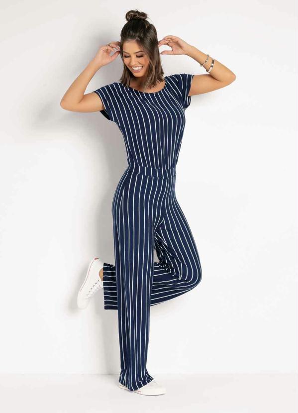Miss Masy - Macacão Listrado Marinho com Mangas Curtas