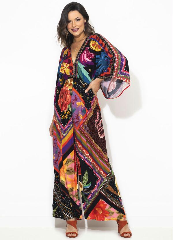 Farm - Macacão Longo de Viscose Misturinha de Lenço Multicores