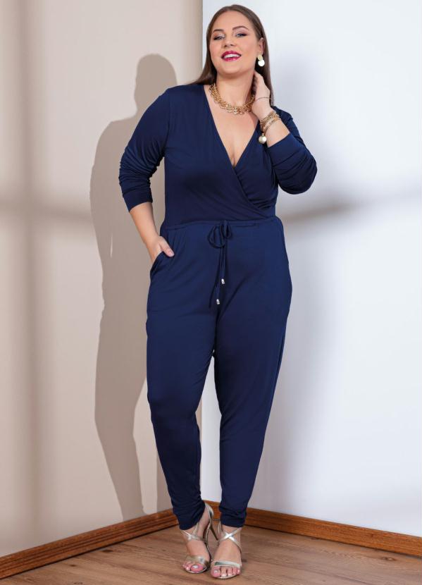 Quintess - Macacão Marinho com Decote Transpassado e Bolsos 3