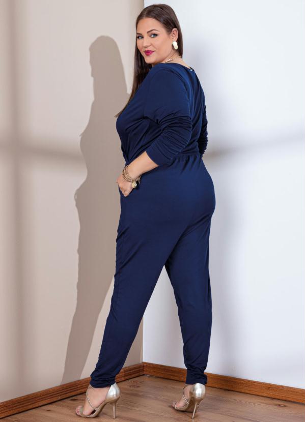 Quintess - Macacão Marinho com Decote Transpassado e Bolsos 4