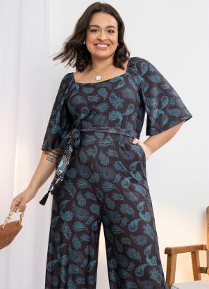 Quintess - Macacão Paisley Preto com Faixa - QUINTESS