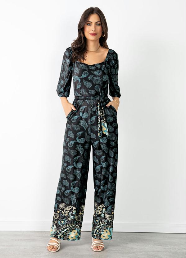 Quintess - Macacão Paisley Preto com Faixa