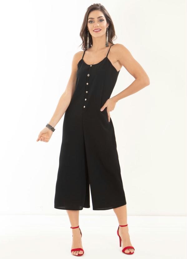 Quintess - Macacão Preto Pantacourt com Botões Frontais