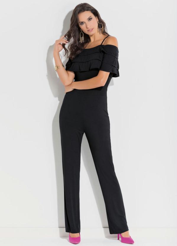 Quintess - Macacão Quintess Preto com Babados no Decote