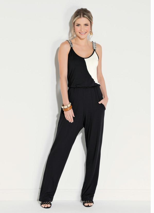 Quintess - Macacão Quintess Preto e Off White com Recorte