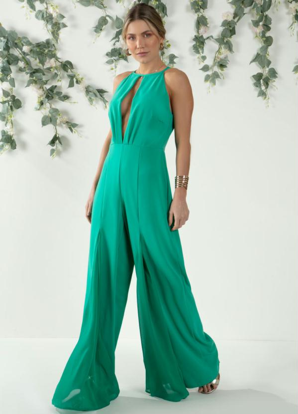 Quintess - Macacão Verde Decote Halter com Fendas Frontais