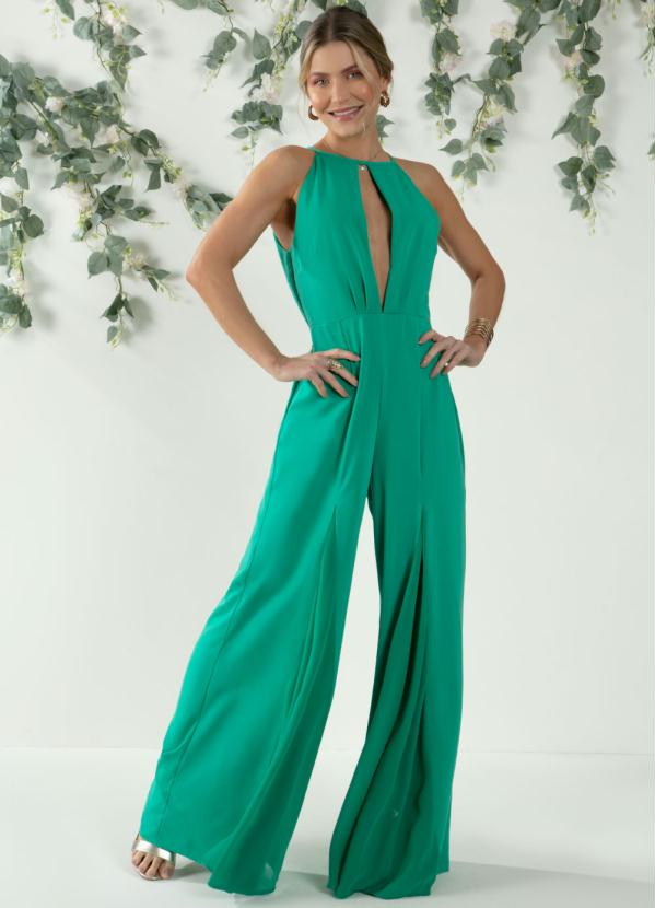 Quintess - Macacão Verde Decote Halter com Fendas Frontais 3